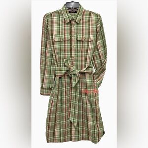 Lauren Ralph Lauren Womens Green Multi Plaid Cotton Belted Shirtdress SZ 20